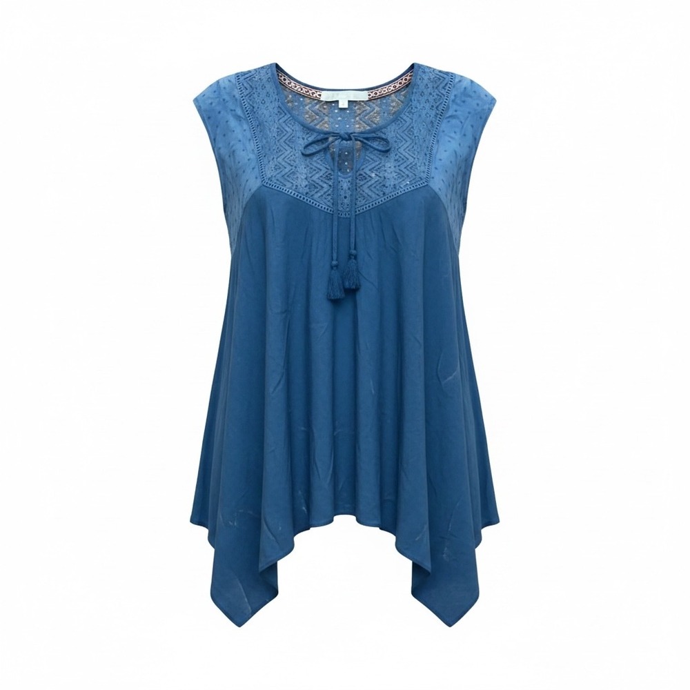 Jolt Blue Crochet Lace Swiss Dot Babydoll Sharkbite Tank Top Tassel Tie Womens M
